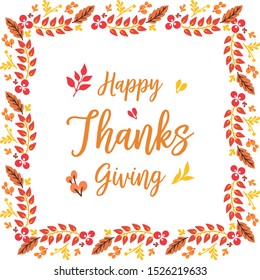 Template text of card thanksgiving, with design drawing of autumn leaf flower frame. Vector
