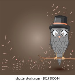Template for text with cartoon bird owl in the cylinder and glasses. Decorative floral background with branches and plants. Postcard with cartoon characters. Template for lesson learning.