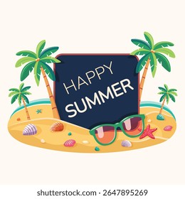 Template for text with coconut palm trees on an island beach with seashells and sunglasses. Summer concept on white background. Poster, Banner, Flyer, Greeting Card. Vector illustration in flat style