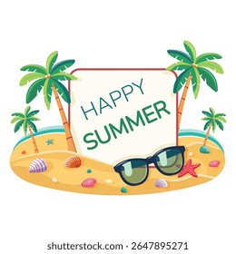 Template for text with coconut palm trees on an island beach with seashells and sunglasses. Summer concept on white background. Poster, Banner, Flyer, Greeting Card. Vector illustration in flat style