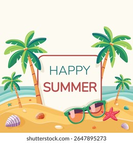 Template for text with coconut palm trees on an island beach with seashells and sunglasses. Summer concept on white background. Poster, Banner, Flyer, Greeting Card. Vector illustration in flat style
