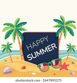 Template for text with coconut palm trees on an island beach with seashells and sunglasses. Summer concept on white background. Poster, Banner, Flyer, Greeting Card. Vector illustration in flat style