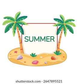Template for text with coconut palm trees on an island with seashells. Summer concept on white background. Poster, Banner, Flyer, Greeting Card, Icon. Vector illustration in flat style