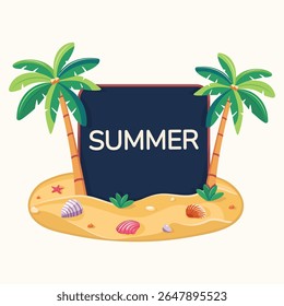Template for text with coconut palm trees on an island with seashells. Summer concept on white background. Poster, Banner, Flyer, Greeting Card, Icon. Vector illustration in flat style