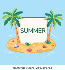 Template for text with coconut palm trees on an island with seashells. Summer concept on blue background. Poster, Banner, Flyer, Greeting Card, Icon. Vector illustration in flat style