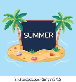 Template for text with coconut palm trees on an island with seashells. Summer concept on blue background. Poster, Banner, Flyer, Greeting Card, Icon. Vector illustration in flat style