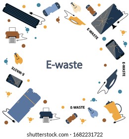 Template for text. Flat design style colorful illustration. E-waste sorting and recycling. Electrical waste symbols collection -  computer; phone; kettle; printer; monitor; broken glass; iron, battery