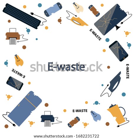 Template for text. Flat design style colorful illustration. E-waste sorting and recycling. Electrical waste symbols collection -  computer; phone; kettle; printer; monitor; broken glass; iron, battery