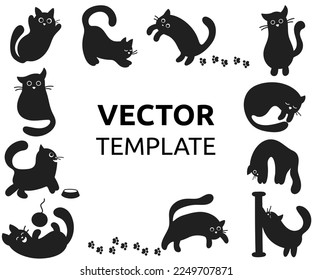 Template for text with a frame from the collection of cute black cat. Miscellaneous character actions. Vector illustration.