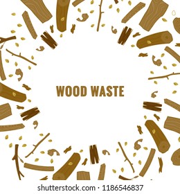 Template for text. Frame. Line style icon collection - wood waste elements. Symbols collection - 
sawed wood, sawdust, wood chips, croaker, tree branches, wood board, bark, tree. 