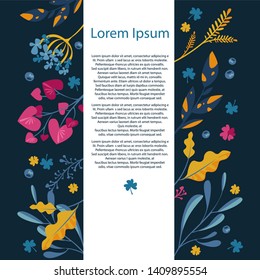 Template for the text of greeting card or invitation on a dark blue background. Vector illustration in romantic flat style. Decorated with a floral pattern.