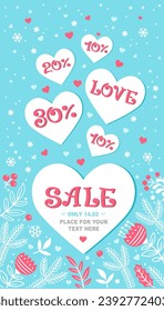 Template for text with hearts and flower pattern. Hand draw vector illustration Valentine's day sale. Card with flowers and leaves on blue background