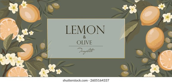 template for text, lemon branches and olives