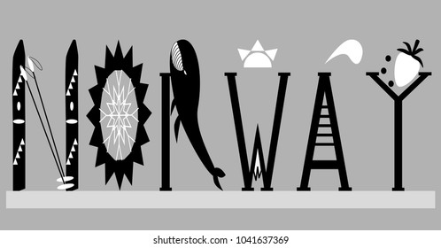Template of text- Norway,written using different characters and symbols. Vector illustration of gray, white and black colors for design card, advertising, tourist booklets.
