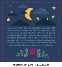 Template for text on dark blue background with moon, stars and clouds; nice floral composition with pink flower and berries in flat style. Dotted frame