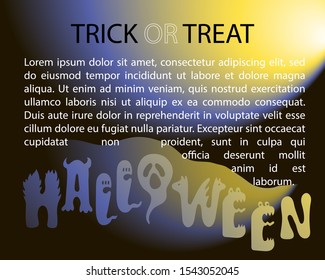 Template for text on HALLOWEEN theme with creative gradient yellow blue purple letters in form of scary creatures, monsters with horns. Hand drawn ghosts, evil beings, creepy beast. Dark background.