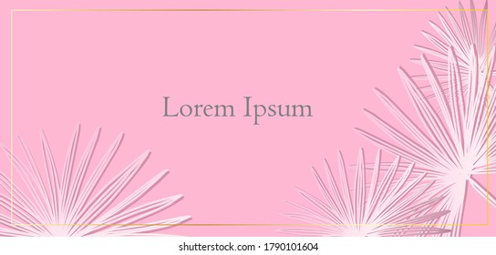 Template for text tropical palm leaves on a pink background. Beautiful beach wallpaper. Hotel or resort advertisement