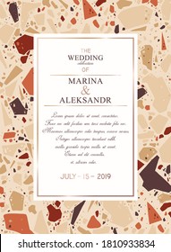 Template for text, wedding greeting invitation card, poster, social media banner or advertising announcement. Marble texture, terrazzo, abstract geometric background shapes, pieces, stone fragments. 