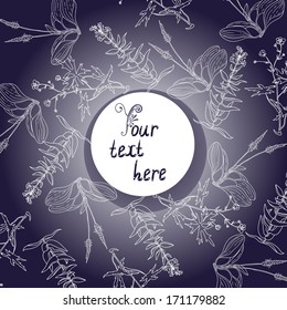 Template for text with wild flowers and herbs on a dark background