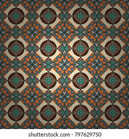 Template for textile, carpet, wallpaper, fabric. Abstract filigree seamless pattern. Vector mandalas in brown, orange and beige colors.