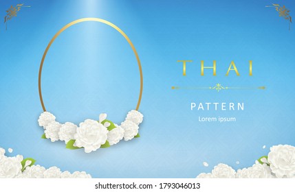 Template thai pattern background for greeting card, advertising, web site, flyers, posters with beautiful white jasmine Flower with modern line Thai pattern traditional concept. Perfect realistic