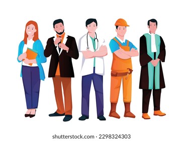 template Thank You Essential Worker Concept. Vector illustration set and working characters of businessman, lawyer, doctor, construction worker and chef on white background.