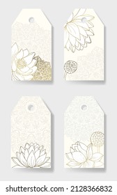 Template for Thank you tags, wedding tags, birthday tags, labels, printable. Golden contour lotuses and mandala background for Thank you tags.