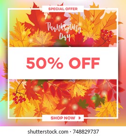 Template for Thanksgiving Day sale discount banner with autumn leaves and pumpkin. Vector illustration for invitation, posters, brochure, special offer voucher. American traditional family holiday.