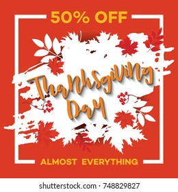 Template for Thanksgiving Day sale discount banner with autumn leaves and pumpkin. Vector illustration for invitation, posters, brochure, special offer voucher. American traditional family holiday.
