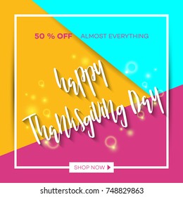Template for Thanksgiving Day sale discount banner with autumn leaves and pumpkin. Vector illustration for invitation, posters, brochure, special offer voucher. American traditional family holiday.