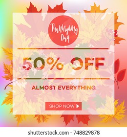 Template for Thanksgiving Day sale discount banner with autumn leaves and pumpkin. Vector illustration for invitation, posters, brochure, special offer voucher. American traditional family holiday.