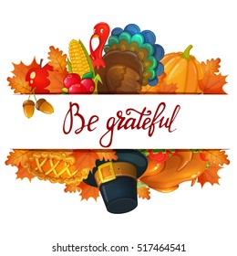 Template with Thanksgiving icons. Colorful cartoon greeting card with traditional food, leaves and turkey decoration. Vector.