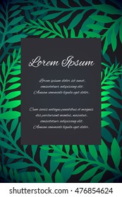 Template thank-you letter, invitation, greeting card with bright green foliage on a dark background and place for text.