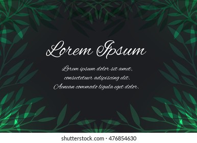 Template thank-you letter, invitation, greeting card with bright green foliage on a dark background and place for text.