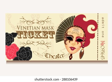 Template theater ticket to the Venice mask female, flowers, vintage background and frame