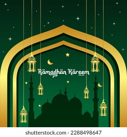 Una plantilla con el tema de Ramadan kareem, con una mezcla de verde y oro. Esta plantilla, decorada con estrellas y luna, parece más atractiva.