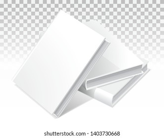 Template of three books in hardcover.  The first upright front view. Mockup for your business, creative illustration. Isolated on transparent background. Vector