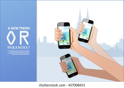 template with three extending arms with phone with game 
 