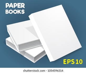 A template of three hardcover books. They lay on the table. one on another. The top stands upright. A layout for your business, creative illustration. Isolated on a blue background. Vector drawing.