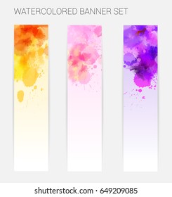 Template for three horizontal banners with abstract watercolor paint splashes. Vector illustration.