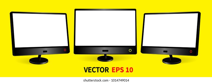 A template of three monitors, a realistic image. Display. 3D view from the front. Conceptual graphic object. Blank screen for banners, advertising. Vector illustration. Isolated on a yellow background