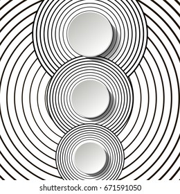Template with three paper round stickers on geometrical background. Abstract monochrome pattern.