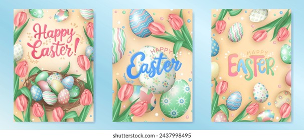 Template of three soft yellow greeting cards or posters with colorful painted Easter eggs, beautiful spring flowers (tulips), a nest with 3d pastel colored eggs and congratulation text - Happy Easter!