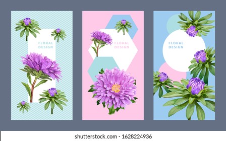 Template of three vertical floral backgrounds with Aster flowers. Pastel blue and pink colors for design of invitation, greeting card, flyer, voucher.