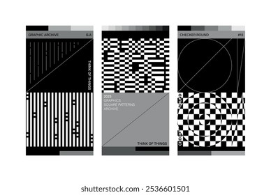 Vorlage Ticket Banner 3 Satz schwarz-weiß monochrome quadratische Muster Farbverlauf abstrakt geometrische Schachbrett Linie Muster modernen Stil einfach minimale Layout Grafik Design fett urban chic