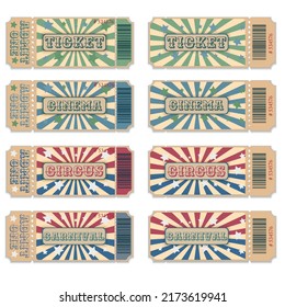 template of tickets to the circus, carnival, cinema. in vintage style. vector illustration
