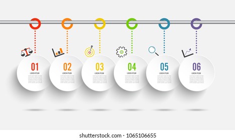 Template Timeline Infographic colored horizontal numbered for six position can be used for workflow, banner, diagram, web design, area chart