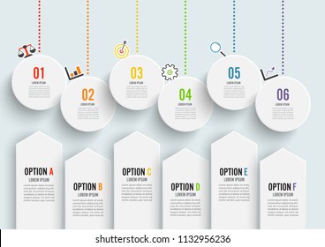 Template Timeline Infographic colored horizontal numbered for six positions can be used for workflow, banner, diagram, web design, area chart