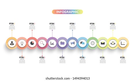 Template Timeline Infographic colored horizontal numbered for 12 options. Template for presentations banner, workflow layout, process diagram, flow chart, info graph.