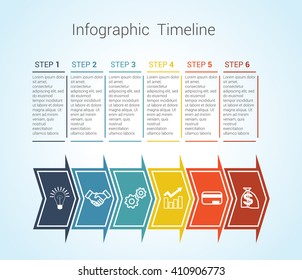 Template Timeline Infographic colored horizontal arrows numbered for six position can be used for workflow, banner, diagram, web design, area chart 
